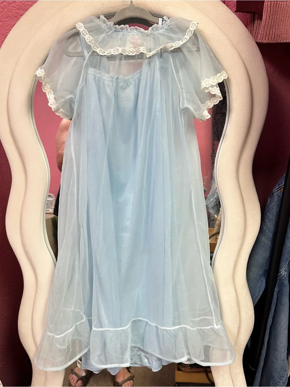 Vintage Shirey Girls Light Blue nightgown and robe set with Lace Trim
